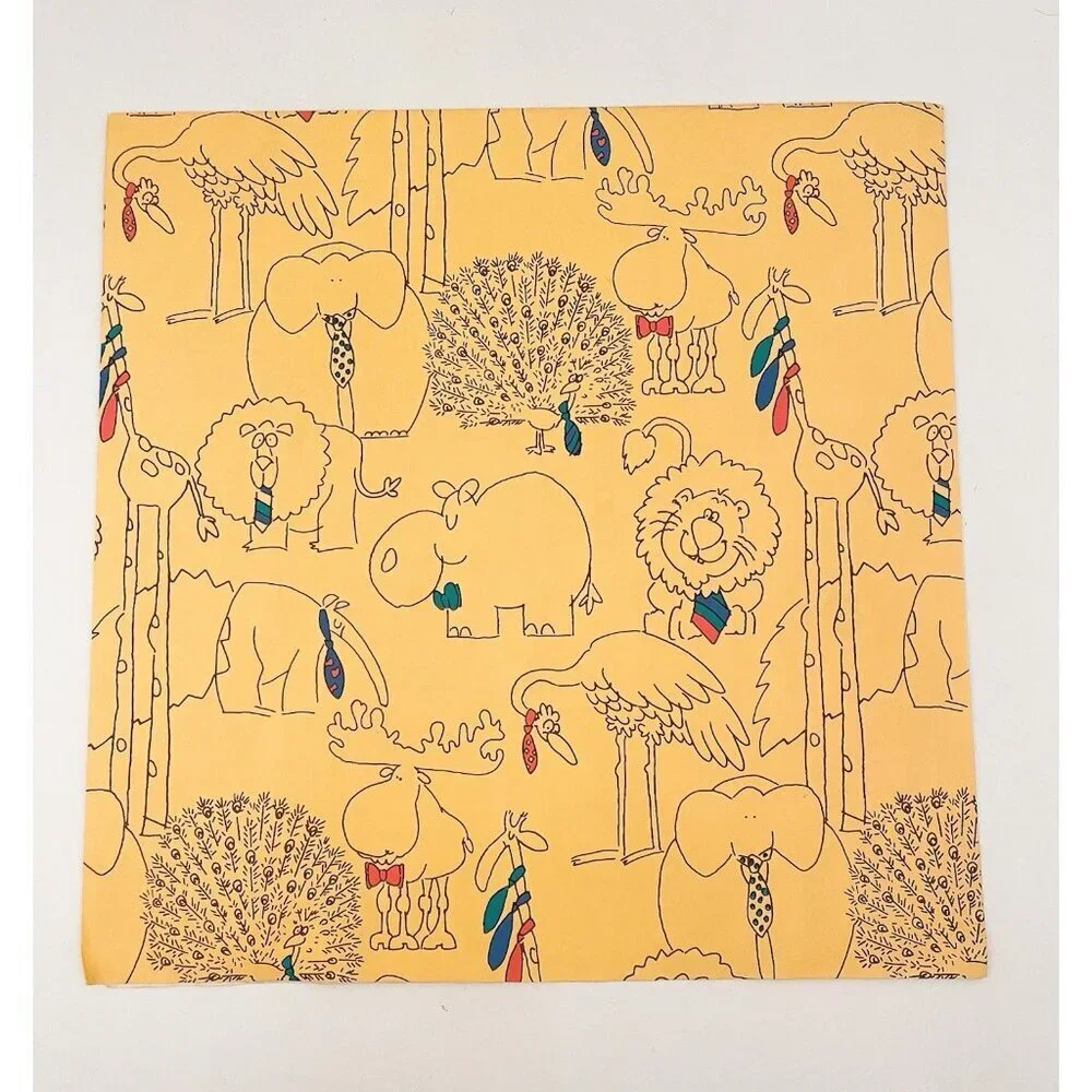 Vintage Gift Wrap Circus Clowns & Animals in Ties Yellow 80s Moose Peacock Paper